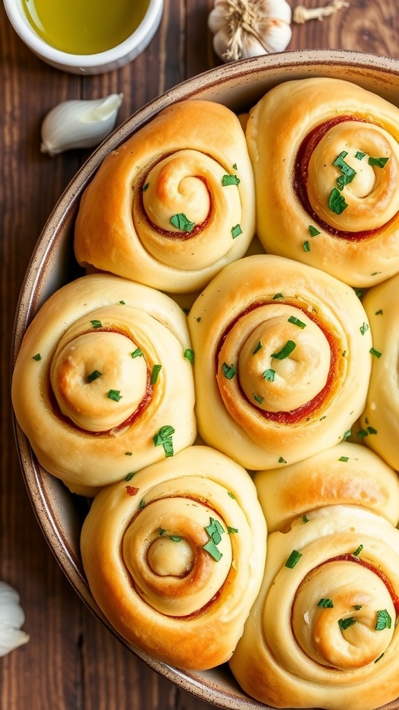 Garlic Herb Cinnamon Rolls A tray of golden garlic herb cinnamon rolls, garnished with parsley, on a rustic wooden table.